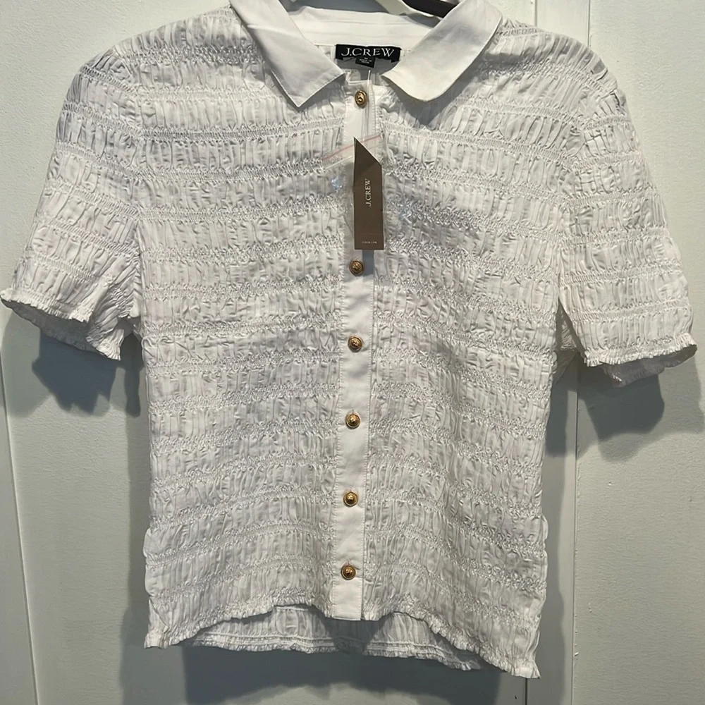 J. Crew Smocked Button-Up Shirt in White Cotton Voile - Picture 3 of 4
